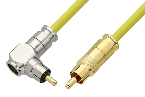 75 Ohm RCA Male to 75 Ohm RCA Male Right Angle Cable 12 Inch Length Using 75 Ohm PE-B159-YW Yellow Coax