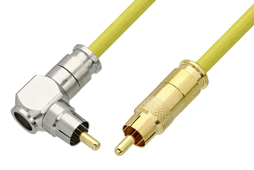 75 Ohm RCA Male to 75 Ohm RCA Male Right Angle Cable Using 75 Ohm PE-B159-YW Yellow Coax