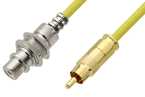 75 Ohm RCA Male to 75 Ohm RCA Female Bulkhead Cable 24 Inch Length Using 75 Ohm PE-B159-YW Yellow Coax