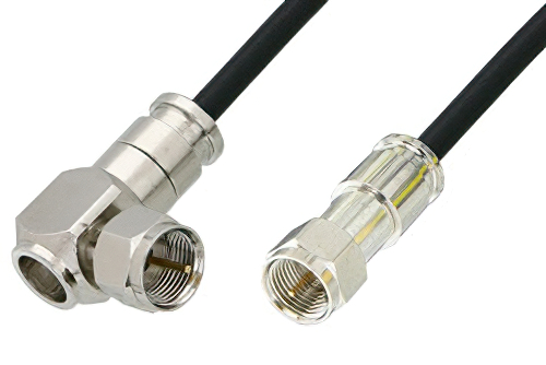 75 Ohm F Male to 75 Ohm F Male Right Angle Cable 60 Inch Length Using 75 Ohm PE-B159-BK Black Coax