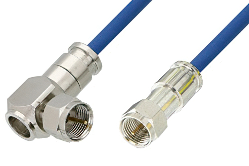 75 Ohm F Male to 75 Ohm F Male Right Angle Cable 36 Inch Length Using 75 Ohm PE-B159-BL Blue Coax