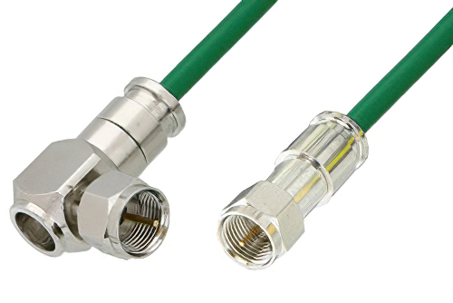 75 Ohm F Male to 75 Ohm F Male Right Angle Cable 60 Inch Length Using 75 Ohm PE-B159-GR Green Coax