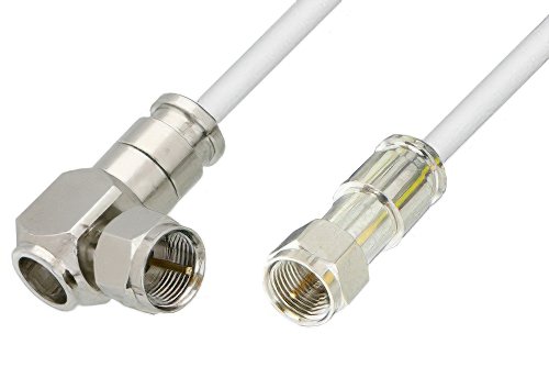 75 Ohm F Male to 75 Ohm F Male Right Angle Cable 12 Inch Length Using 75 Ohm PE-B159-WH White Coax
