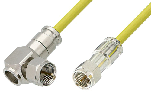 75 Ohm F Male to 75 Ohm F Male Right Angle Cable 24 Inch Length Using 75 Ohm PE-B159-YW Yellow Coax