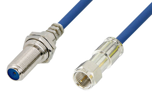 75 Ohm F Male to 75 Ohm F Female Bulkhead Cable 120 Inch Length Using 75 Ohm PE-B159-BL Blue Coax