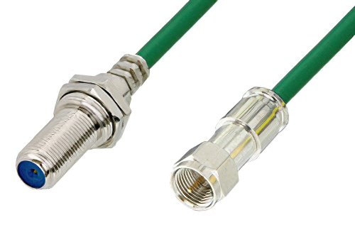 75 Ohm F Male to 75 Ohm F Female Bulkhead Cable 12 Inch Length Using 75 Ohm PE-B159-GR Green Coax