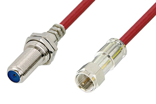 75 Ohm F Male to 75 Ohm F Female Bulkhead Cable 48 Inch Length Using 75 Ohm PE-B159-RD Red Coax