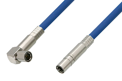 75 Ohm Mini SMB Plug to 75 Ohm Mini SMB Plug Right Angle Cable 48 Inch Length Using 75 Ohm PE-B159-BL Blue Coax