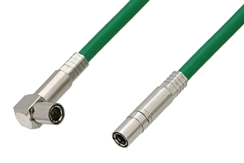 75 Ohm Mini SMB Plug to 75 Ohm Mini SMB Plug Right Angle Cable 60 Inch Length Using 75 Ohm PE-B159-GR Green Coax