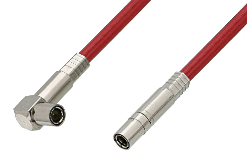 75 Ohm Mini SMB Plug to 75 Ohm Mini SMB Plug Right Angle Cable 12 Inch Length Using 75 Ohm PE-B159-RD Red Coax
