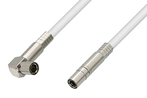 75 Ohm Mini SMB Plug to 75 Ohm Mini SMB Plug Right Angle Cable 12 Inch Length Using 75 Ohm PE-B159-WH White Coax