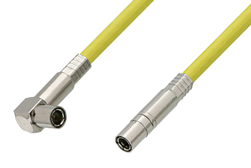 75 Ohm Mini SMB Plug to 75 Ohm Mini SMB Plug Right Angle Cable 12 Inch Length Using 75 Ohm PE-B159-YW Yellow Coax