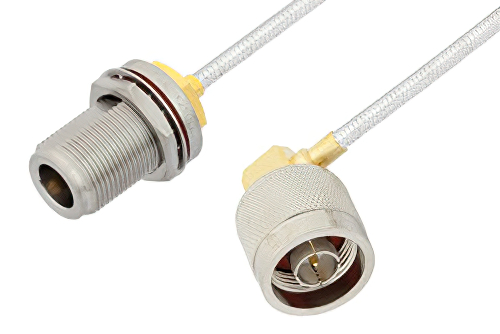 N Male Right Angle to N Female Bulkhead Cable 60 Inch Length Using PE-SR402FL Coax