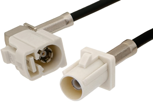 White FAKRA Plug to FAKRA Jack Right Angle Cable 12 Inch Length Using PE-C100-LSZH Coax