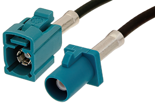 Water Blue FAKRA Plug to FAKRA Jack Cable 12 Inch Length Using RG174 Coax