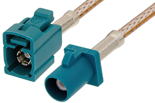 Water Blue FAKRA Plug to FAKRA Jack Cable 12 Inch Length Using RG316 Coax