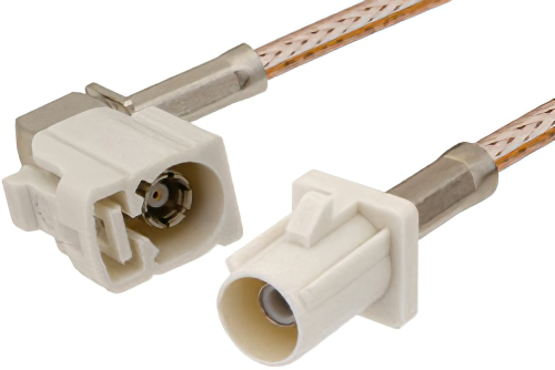 White FAKRA Plug to FAKRA Jack Right Angle Cable 12 Inch Length Using RG316 Coax