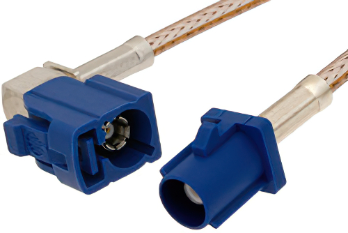 Blue FAKRA Plug to FAKRA Jack Right Angle Cable Using RG316 Coax