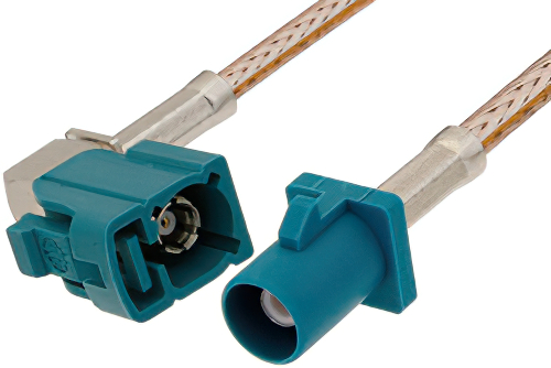 Water Blue FAKRA Plug to FAKRA Jack Right Angle Cable 12 Inch Length Using RG316 Coax