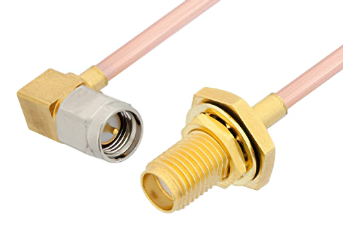 SMA Male Right Angle to SMA Female Bulkhead Cable Using RG405 Coax, RoHS