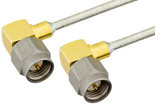 SMA Male Right Angle to SMA Male Right Angle Semi-Flexible Precision Cable 18 Inch Length Using PE-SR405FL Coax, RoHS