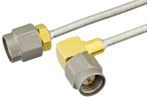 SMA Male to SMA Male Right Angle Semi-Flexible Cable 24 Inch Length Using PE-SR405FL Coax, LF Solder, RoHS