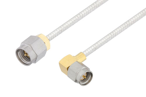 SMA Male to SMA Male Right Angle Cable Using PE-SR405FL Coax , LF Solder in 50CM