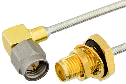 SMA Male Right Angle to SMA Female Bulkhead Semi-Flexible Precision Cable 24 Inch Length Using PE-SR405FL Coax, RoHS