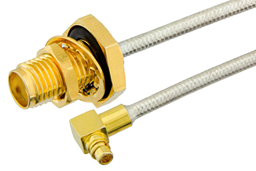 SMA Female Bulkhead to MMCX Plug Right Angle Semi-Flexible Precision Cable Using PE-SR405FL Coax, RoHS