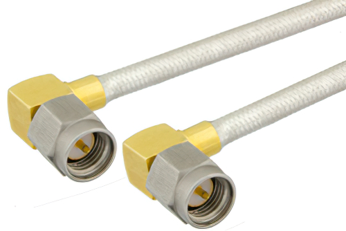 SMA Male Right Angle to SMA Male Right Angle Semi-Flexible Precision Cable 18 Inch Length Using PE-SR402FL Coax, RoHS
