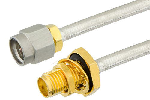 SMA Male to SMA Female Bulkhead Semi-Flexible Precision Cable 12 Inch Length Using PE-SR402FL Coax, LF Solder, RoHS
