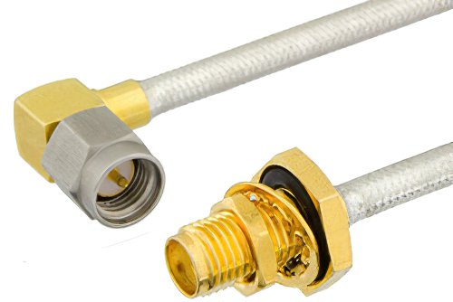 SMA Male Right Angle to SMA Female Bulkhead Semi-Flexible Precision Cable 6 Inch Length Using PE-SR402FL Coax, LF Solder, RoHS