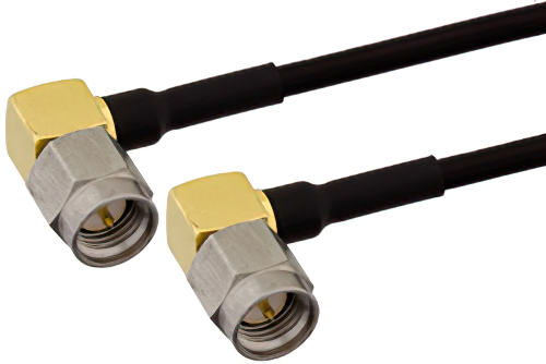 SMA Male Right Angle to SMA Male Right Angle Semi-Flexible Precision Cable 12 Inch Length Using PE-SR405FLJ Coax, LF Solder, RoHS