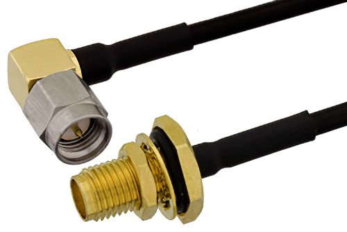 SMA Male Right Angle to SMA Female Bulkhead Semi-Flexible Precision Cable Using PE-SR405FLJ Coax, LF Solder, RoHS