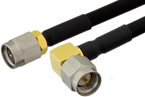 SMA Male to SMA Male Right Angle Semi-Flexible Precision Cable 9 Inch Length Using PE-SR402FLJ Coax, LF Solder, RoHS