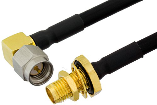 SMA Male Right Angle to SMA Female Bulkhead Semi-Flexible Precision Cable Using PE-SR402FLJ Coax, LF Solder, RoHS