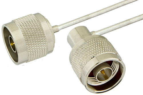 N Male to N Male Right Angle Semi-Flexible Precision Cable Using PE-SR405FL Coax, LF Solder, RoHS