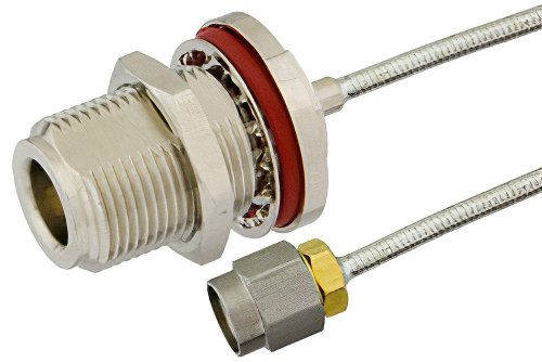 SMA Male to N Female Bulkhead Semi-Flexible Precision Cable 9 Inch Length Using PE-SR405FL Coax, LF Solder, RoHS