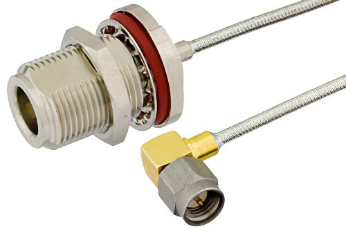 SMA Male Right Angle to N Female Bulkhead Semi-Flexible Precision Cable 6 Inch Length Using PE-SR405FL Coax, LF Solder, RoHS