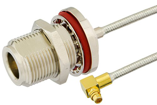 N Female Bulkhead to MMCX Plug Right Angle Semi-Flexible Precision Cable 6 Inch Length Using PE-SR405FL Coax, LF Solder, RoHS