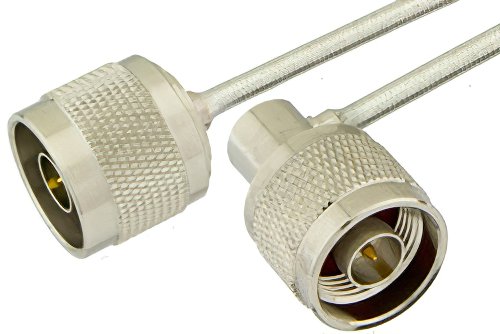 N Male to N Male Right Angle Semi-Flexible Precision Cable Using PE-SR402FL Coax, LF Solder, RoHS