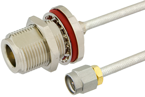 SMA Male to N Female Bulkhead Semi-Flexible Precision Cable 18 Inch Length Using PE-SR402FL Coax, LF Solder, RoHS