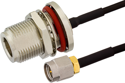 SMA Male to N Female Bulkhead Semi-Flexible Precision Cable 24 Inch Length Using PE-SR405FLJ Coax, RoHS