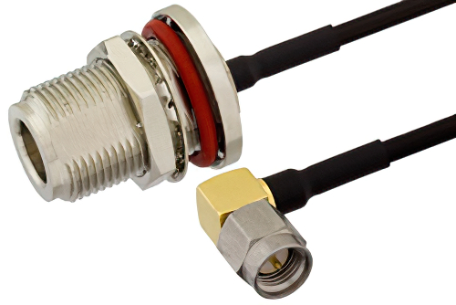 SMA Male Right Angle to N Female Bulkhead Semi-Flexible Precision Cable 9 Inch Length Using PE-SR405FLJ Coax, RoHS