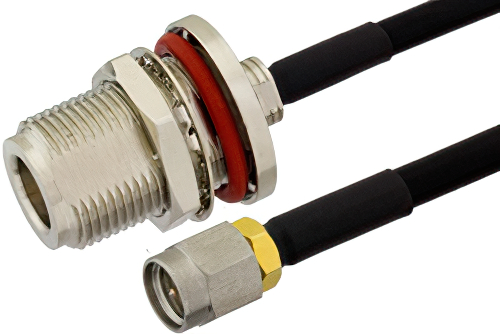 SMA Male to N Female Bulkhead Semi-Flexible Precision Cable Using PE-SR402FLJ Coax, LF Solder, RoHS