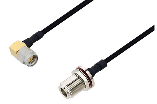 N Female Bulkhead to SMA Male Right Angle Cable Using PE-SR402FLJ Coax with 90 Deg. Clock