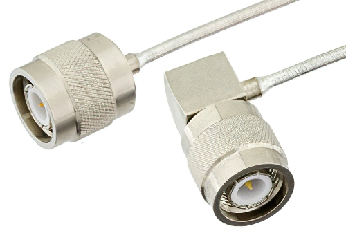 TNC Male to TNC Male Right Angle Semi-Flexible Precision Cable 9 Inch Length Using PE-SR405FL Coax, LF Solder, RoHS