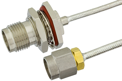 SMA Male to TNC Female Bulkhead Semi-Flexible Precision Cable Using PE-SR405FL Coax, LF Solder, RoHS