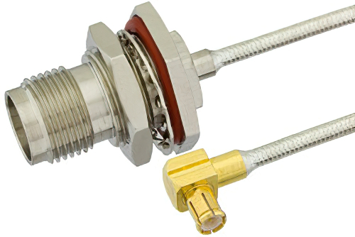 TNC Female Bulkhead to MCX Plug Right Angle Semi-Flexible Precision Cable 9 Inch Length Using PE-SR405FL Coax, LF Solder, RoHS