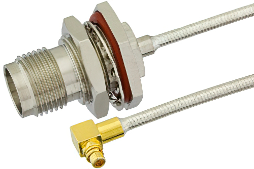 TNC Female Bulkhead to MMCX Plug Right Angle Semi-Flexible Precision Cable 12 Inch Length Using PE-SR405FL Coax, LF Solder